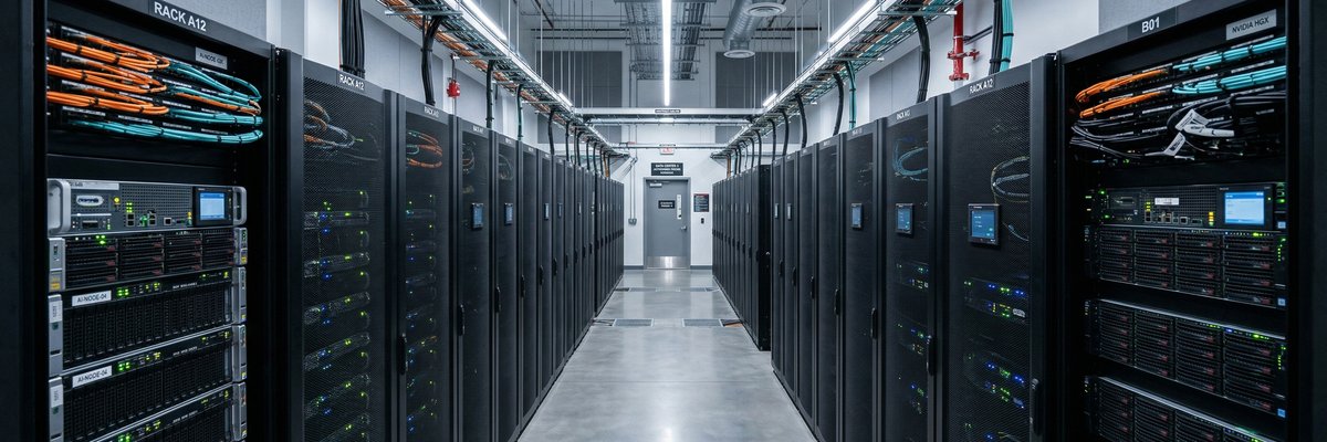 Data center server room representing AI infrastructure and machine learning operations