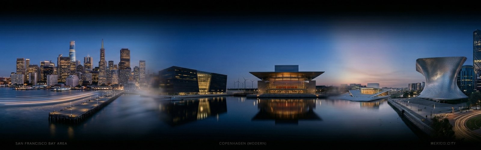 Panoramic cityscape triptych: San Francisco Bay Area, Copenhagen waterfront, and Mexico City, the three cities that define my career